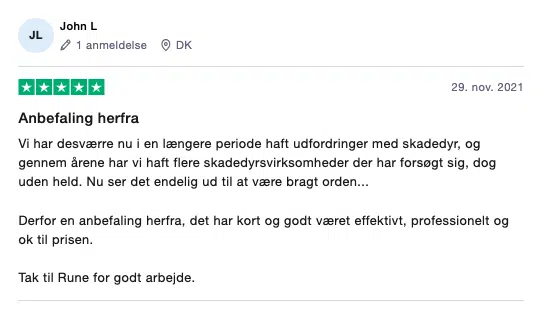 Trustpilot anmeldelse 3 Nordisk Skadedyrservice